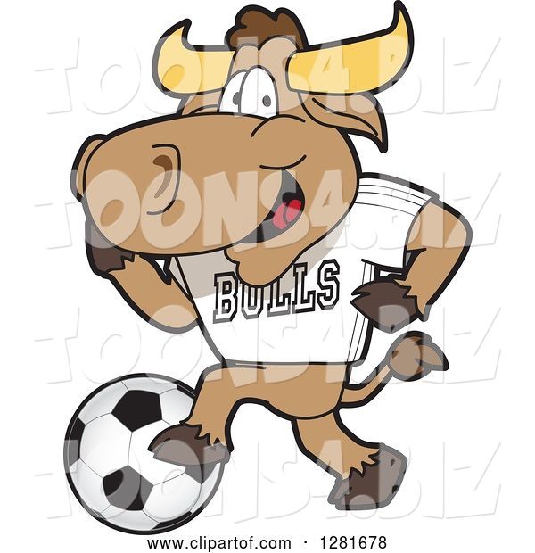 Vector Illustration of a Cartoon School Bull Mascot Athlete Playing Soccer