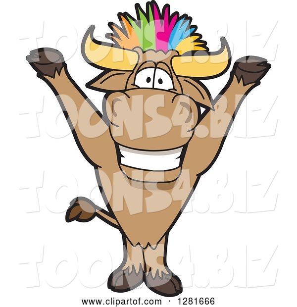 Vector Illustration of a Cartoon School Bull Mascot Cheering with Colorful Punk Hair