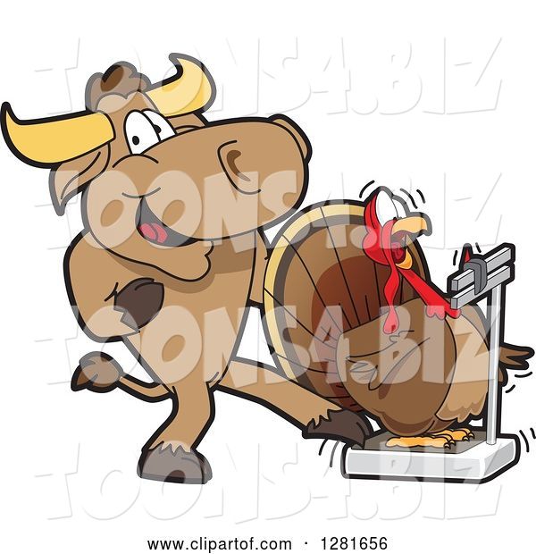 Vector Illustration of a Cartoon School Bull Mascot Making a Thanksgiving Turkey Bird Think He Weighs More on a Scale