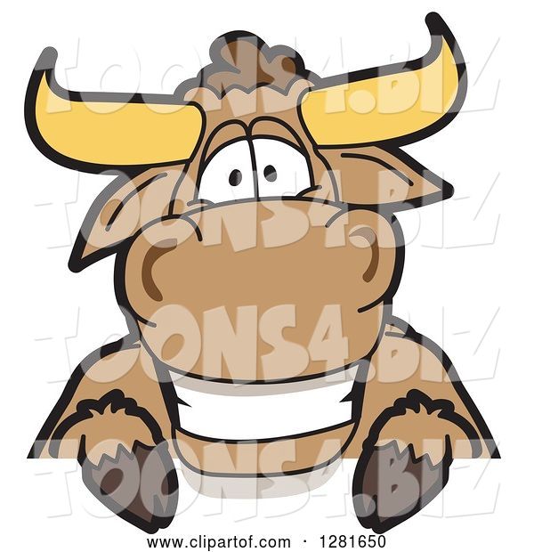 Vector Illustration of a Cartoon School Bull Mascot Smiling over a Sign