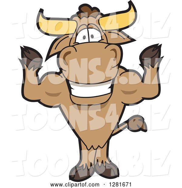 Vector Illustration of a Cartoon School Bull Mascot Standing and Flexing His Muscles