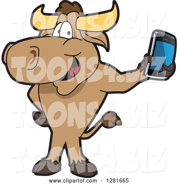 Vector Illustration of a Cartoon School Bull Mascot Standing and Holding a Smart Cell Phone