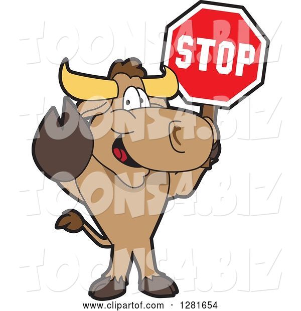 Vector Illustration of a Cartoon School Bull Mascot Standing and Holding a Stop Sign