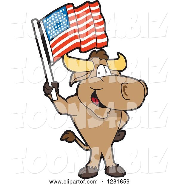 Vector Illustration of a Cartoon School Bull Mascot Standing and Holding an American Flag