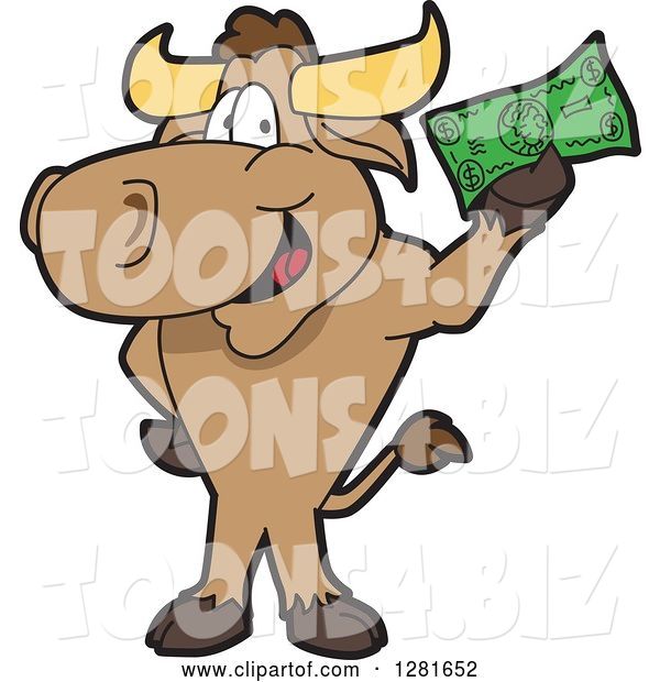 Vector Illustration of a Cartoon School Bull Mascot Standing and Holding Cash