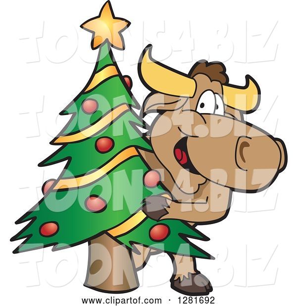 Vector Illustration of a Cartoon School Bull Mascot Standing and Looking Around a Christmas Tree
