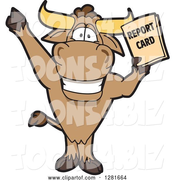 Vector Illustration of a Cartoon School Bull Mascot Standing, Cheering and Holding a Report Card
