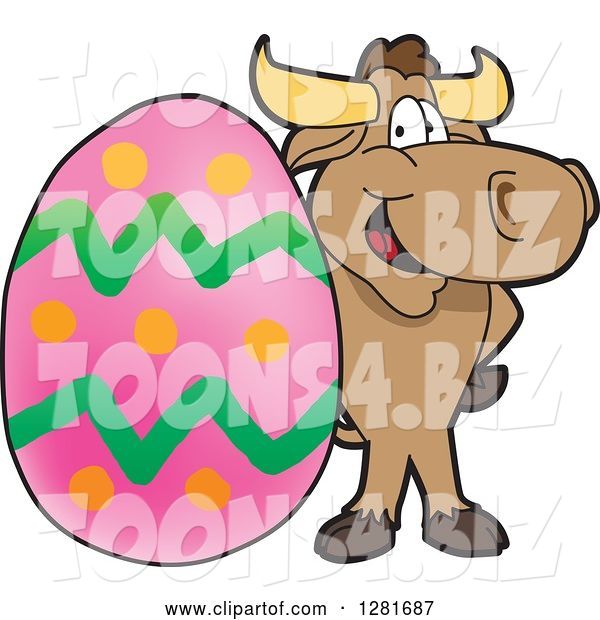 Vector Illustration of a Cartoon School Bull Mascot Standing with a Giant Easter Egg