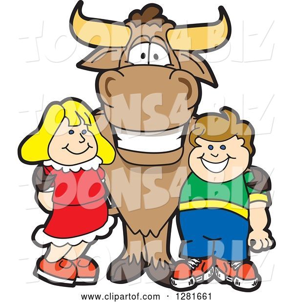 Vector Illustration of a Cartoon School Bull Mascot Standing with a White Boy and Girl