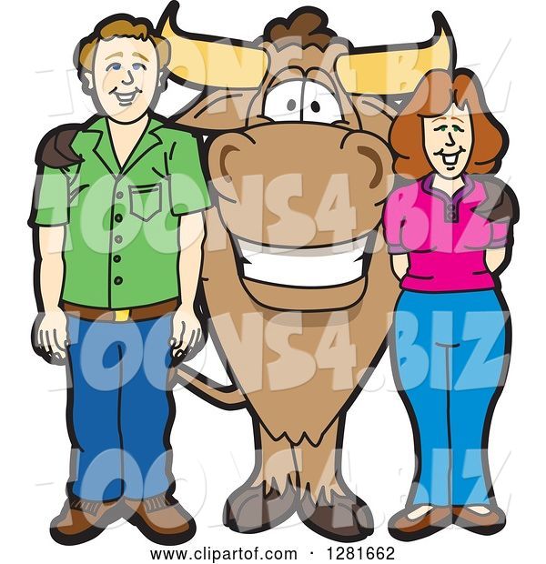 Vector Illustration of a Cartoon School Bull Mascot Standing with a White Guy and Lady