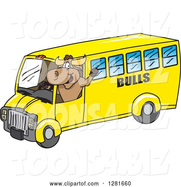 Vector Illustration of a Cartoon School Bull Mascot Waving and Driving a School Bus
