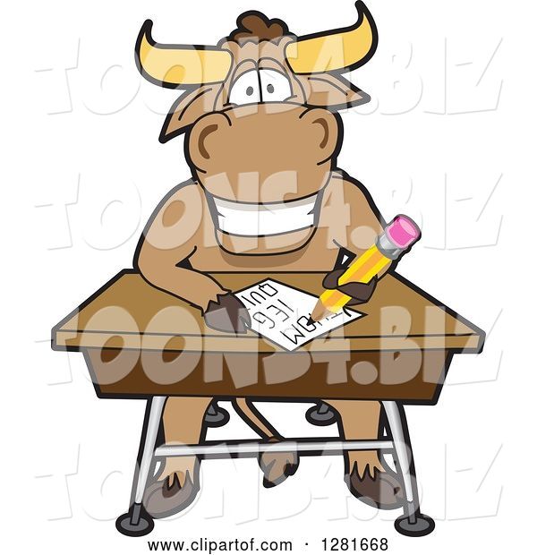 Vector Illustration of a Cartoon School Bull Mascot Writing at a Desk