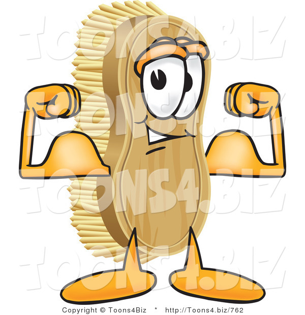 Vector Illustration of a Cartoon Scrub Brush Mascot Flexing His Strong Bicep Arm Muscles