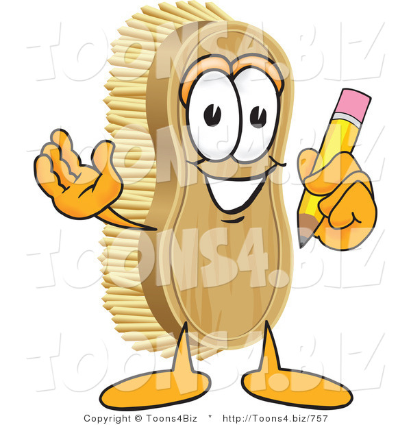 Vector Illustration of a Cartoon Scrub Brush Mascot Holding a Pencil