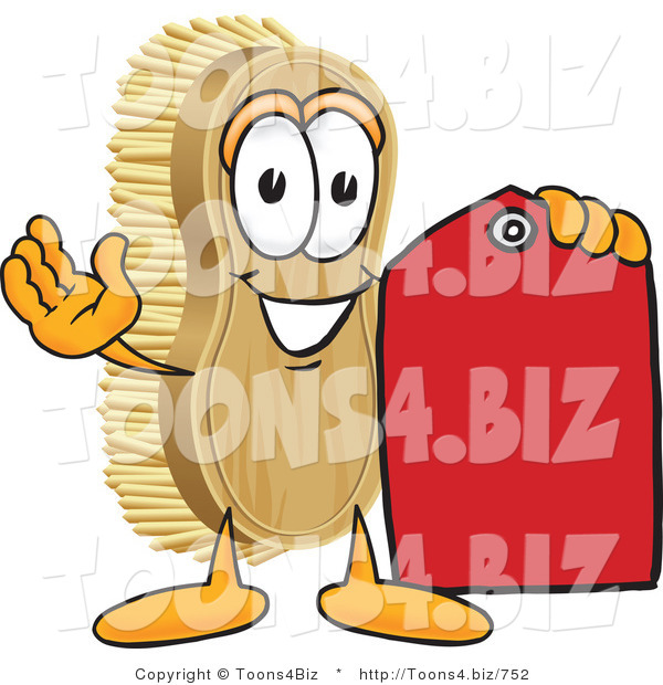 Vector Illustration of a Cartoon Scrub Brush Mascot Holding a Red Sales Price Tag