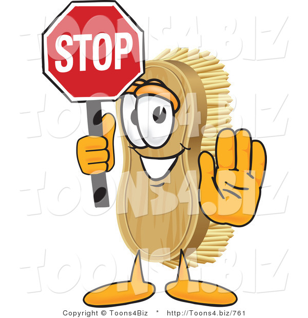 Vector Illustration of a Cartoon Scrub Brush Mascot Holding a Stop Sign