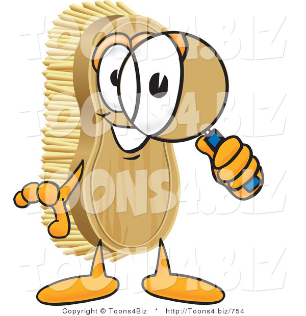 Vector Illustration of a Cartoon Scrub Brush Mascot Looking Through a Magnifying Glass