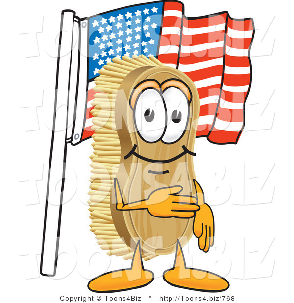 Vector Illustration of a Cartoon Scrub Brush Mascot Pledging Allegiance to the American Flag