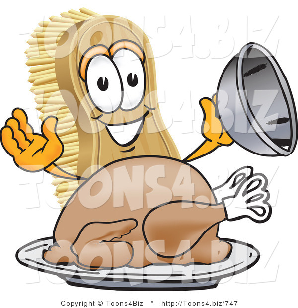 Vector Illustration of a Cartoon Scrub Brush Mascot Serving a Cooked Thanksgiving Turkey on a Platter