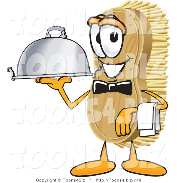 Vector Illustration of a Cartoon Scrub Brush Mascot Serving a Dinner Platter While Waiting Tables