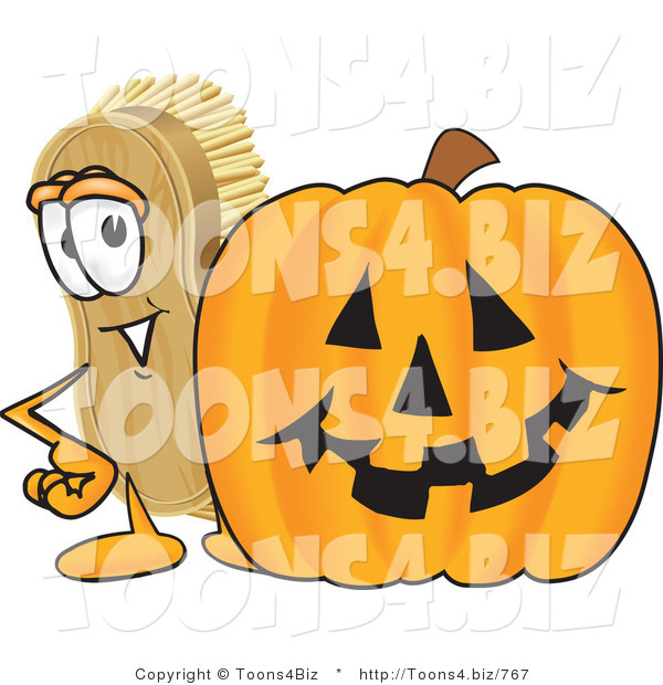 Vector Illustration of a Cartoon Scrub Brush Mascot Standing by a Carved Halloween Pumpkin
