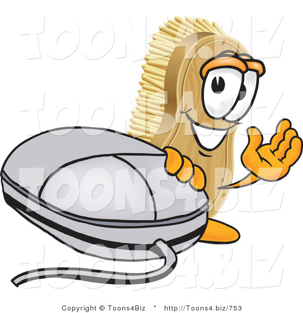 Vector Illustration of a Cartoon Scrub Brush Mascot Waving and Standing by a Computer Mouse