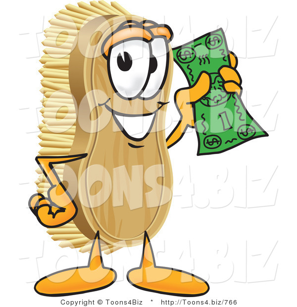Vector Illustration of a Cartoon Scrub Brush Mascot Waving Cash in the Air