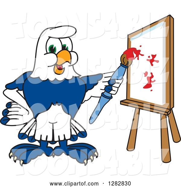 Vector Illustration of a Cartoon Seahawk Mascot Artist Painting on a Canvas
