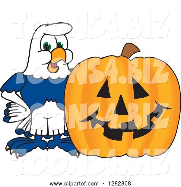 Vector Illustration of a Cartoon Seahawk Mascot by a Halloween Jackolantern Pumpkin