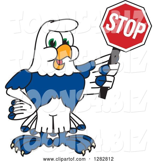 Vector Illustration of a Cartoon Seahawk Mascot Holding a Stop Sign