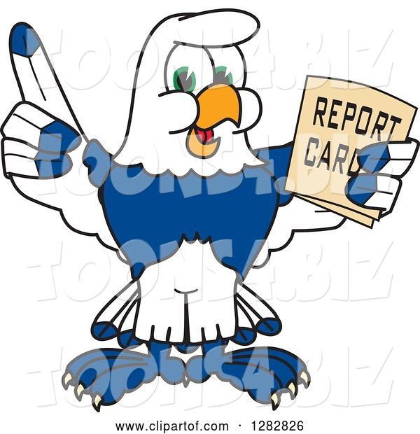 Vector Illustration of a Cartoon Seahawk Mascot Holding up a Finger and a Report Card