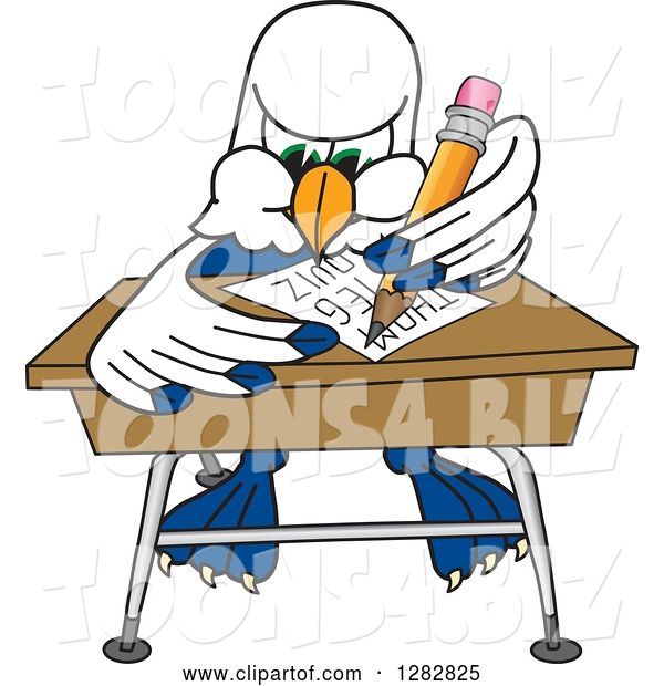 Vector Illustration of a Cartoon Seahawk Mascot Writing at a Desk