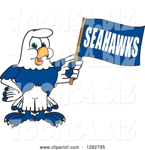 Vector Illustration of a Cartoon Seahawk Sports Mascot Holding a Flag