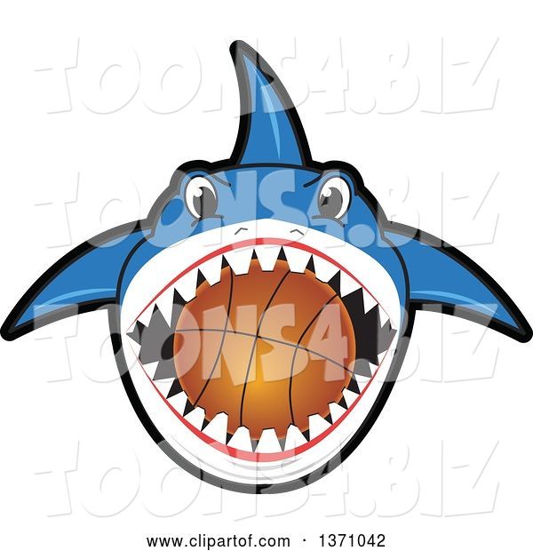 Vector Illustration of a Cartoon Shark School Mascot Biting a Basketball