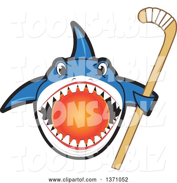 Vector Illustration of a Cartoon Shark School Mascot Biting a Hockey Ball and Holding a Stick