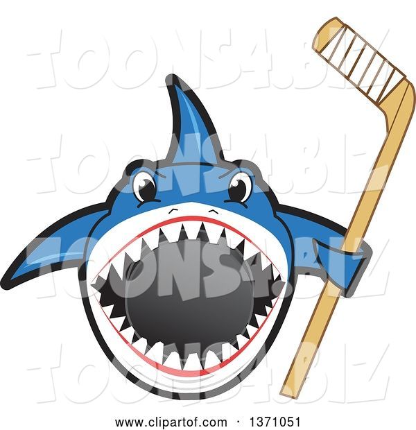 Vector Illustration of a Cartoon Shark School Mascot Biting a Hockey Puck and Holding a Stick