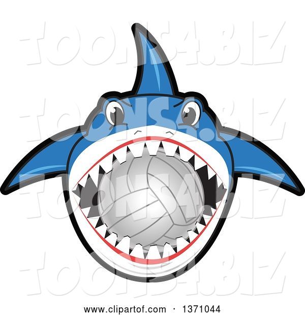 Vector Illustration of a Cartoon Shark School Mascot Biting a Volleyball