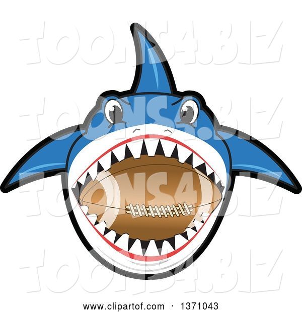 Vector Illustration of a Cartoon Shark School Mascot Biting an American Football