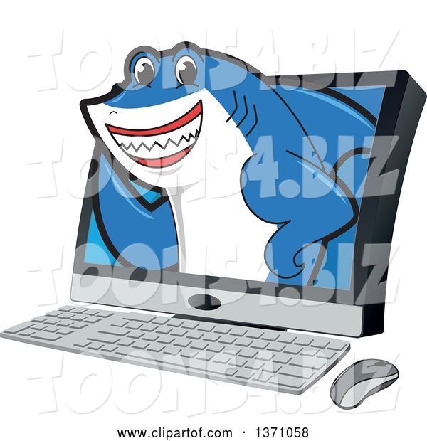 Vector Illustration of a Cartoon Shark School Mascot Emerging from a Desktop Computer Screen