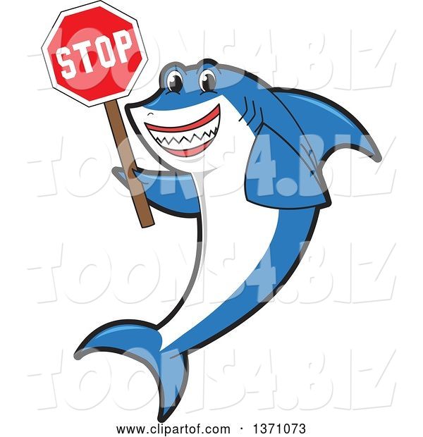 Vector Illustration of a Cartoon Shark School Mascot Holding a Stop Sign