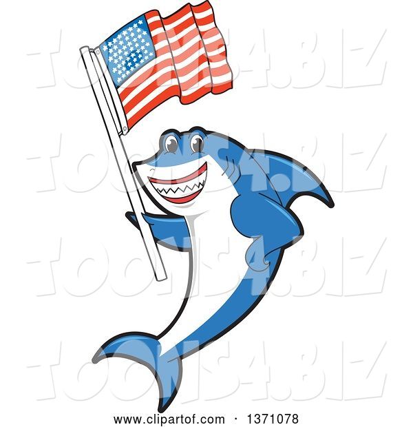 Vector Illustration of a Cartoon Shark School Mascot Holding an American Flag