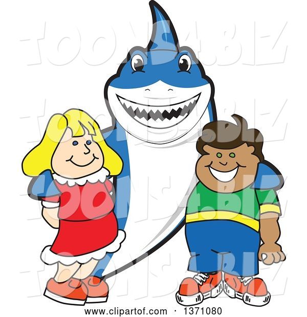 Vector Illustration of a Cartoon Shark School Mascot Posing with Students