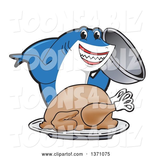 Vector Illustration of a Cartoon Shark School Mascot Serving a Roasted Thanksgiving Turkey
