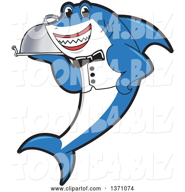 Vector Illustration of a Cartoon Shark School Mascot Waiter Holding a Cloche Platter