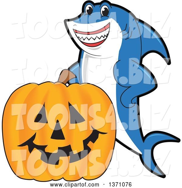 Vector Illustration of a Cartoon Shark School Mascot with a Jackolantern Pumpkin