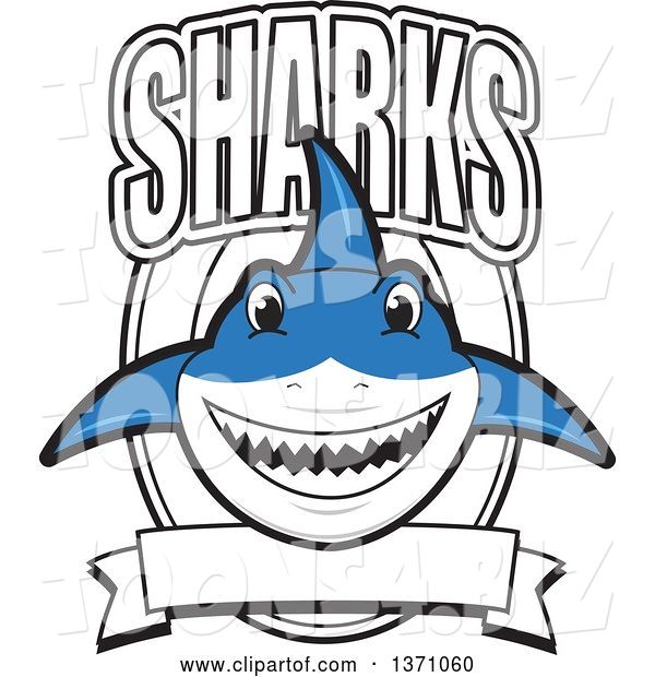 Vector Illustration of a Cartoon Shark School Mascot with Text over a Blank Banner and Shield