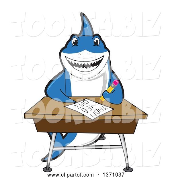 Vector Illustration of a Cartoon Shark School Mascot Writing at a Desk