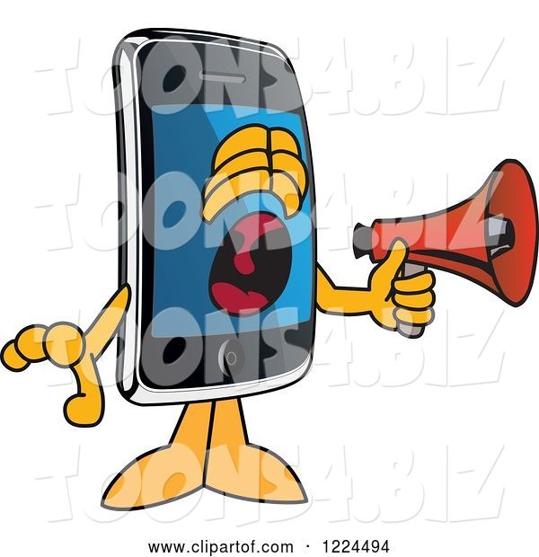 Vector Illustration of a Cartoon Smart Phone Mascot Screaming into a Megaphone