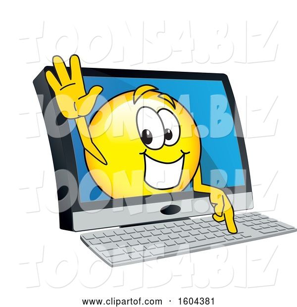 Vector Illustration of a Cartoon Smiley Mascot Emerging from a Computer Screen