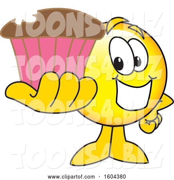 Vector Illustration of a Cartoon Smiley Mascot Holding a Cupcake